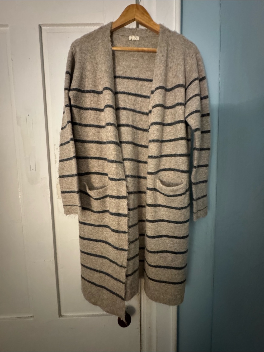 Striped Open-Front Longline Women's Cardigan - Beige and Charcoal Stripe